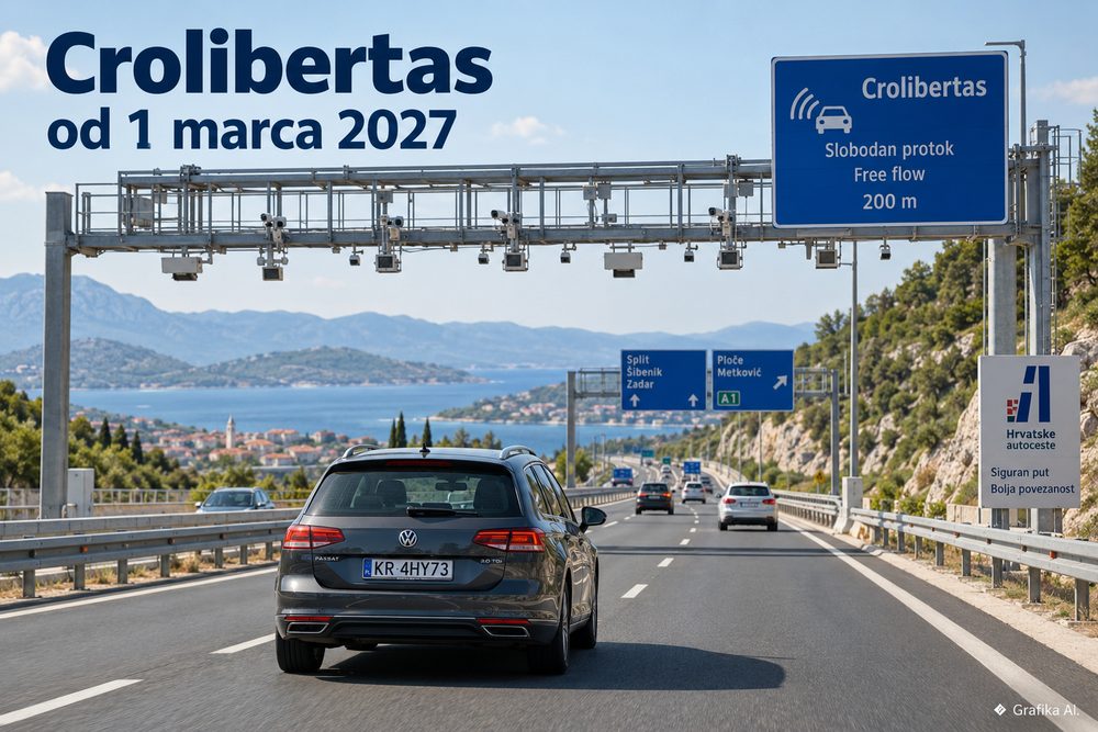 Samochód z polską tablicą pod portalem Crolibertas na chorwackiej autostradzie